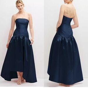 Alfred Sung D851 Strapless Fitted Satin High Low Dress W/ Shirred Ballgown Skirt